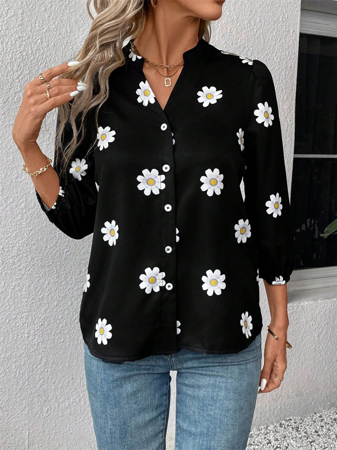 Daisy Notched Three-Quarter Sleeve Shirt