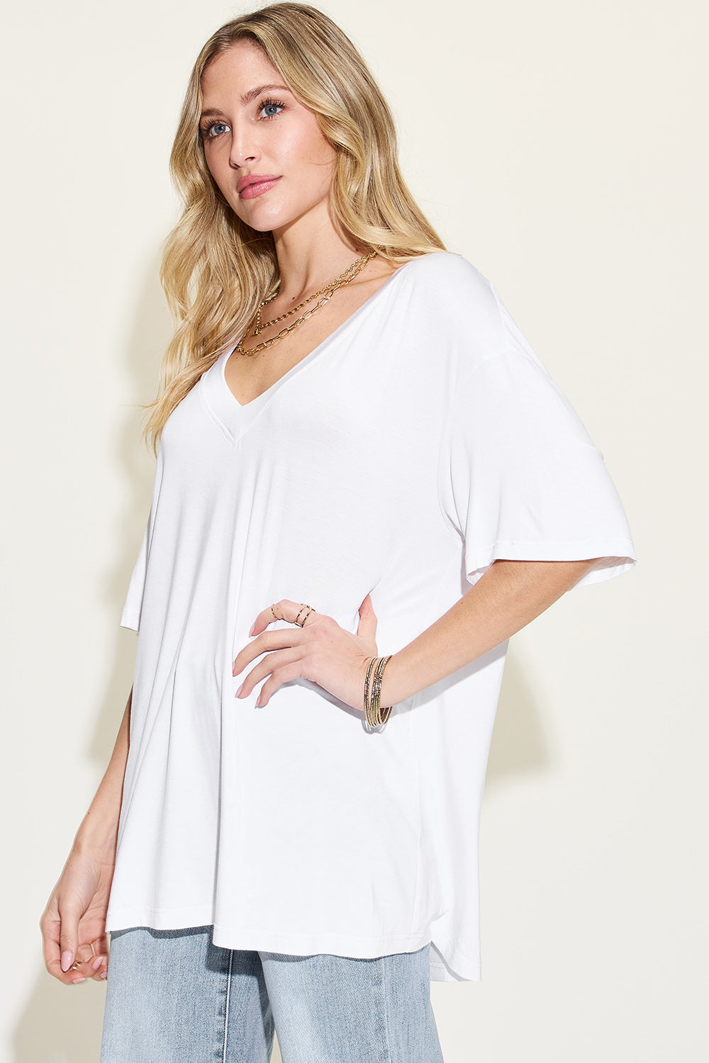 Basic Bae Full Size Bamboo V-Neck Drop Shoulder T-Shirt