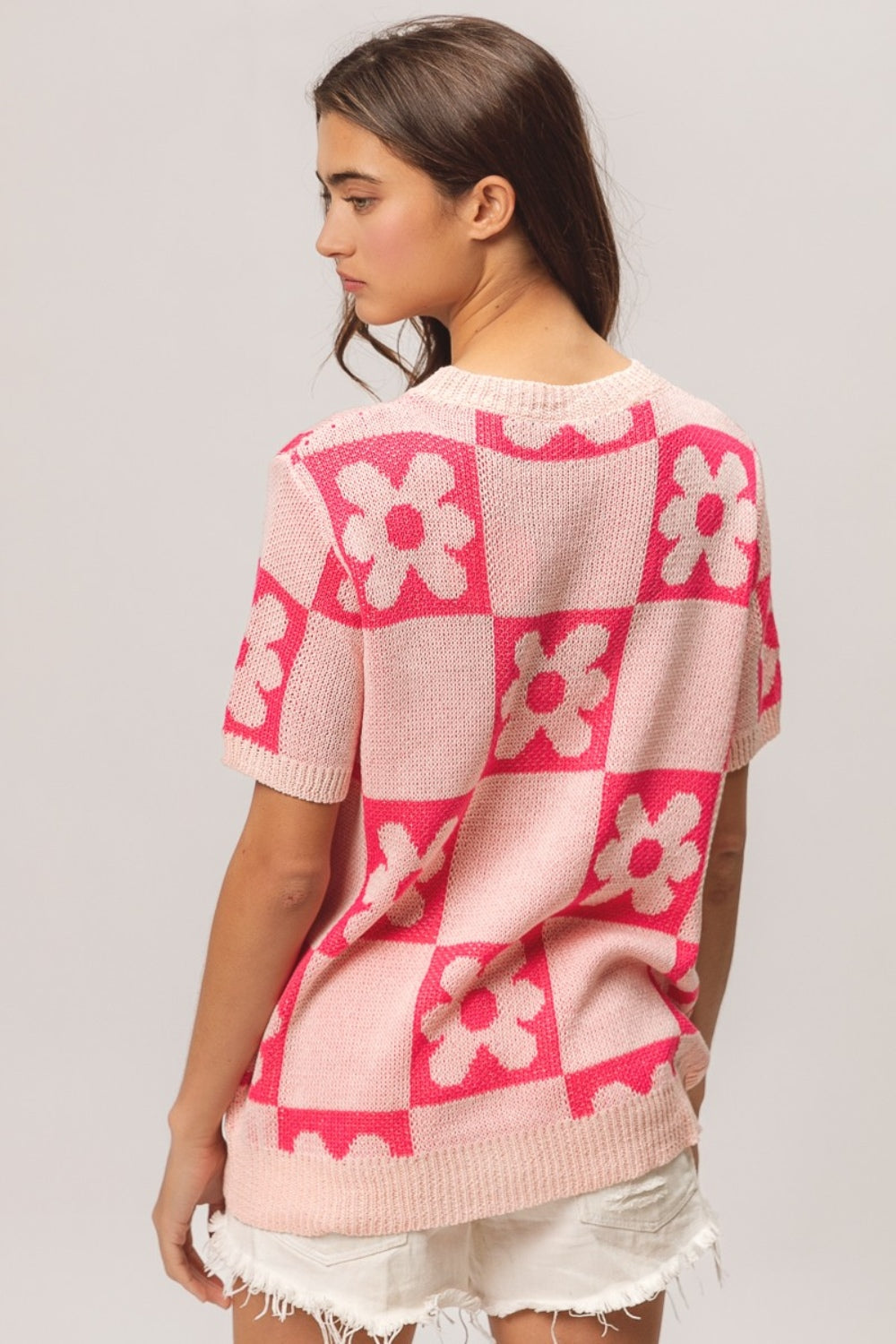 BiBi Flower Checker Pattern Short Sleeve Sweater