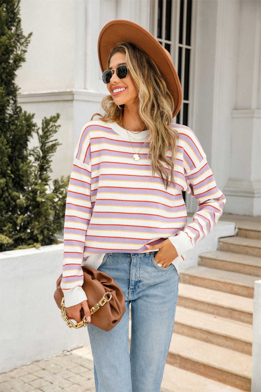 Angel Wings Striped Round Neck Dropped Shoulder Knit Top