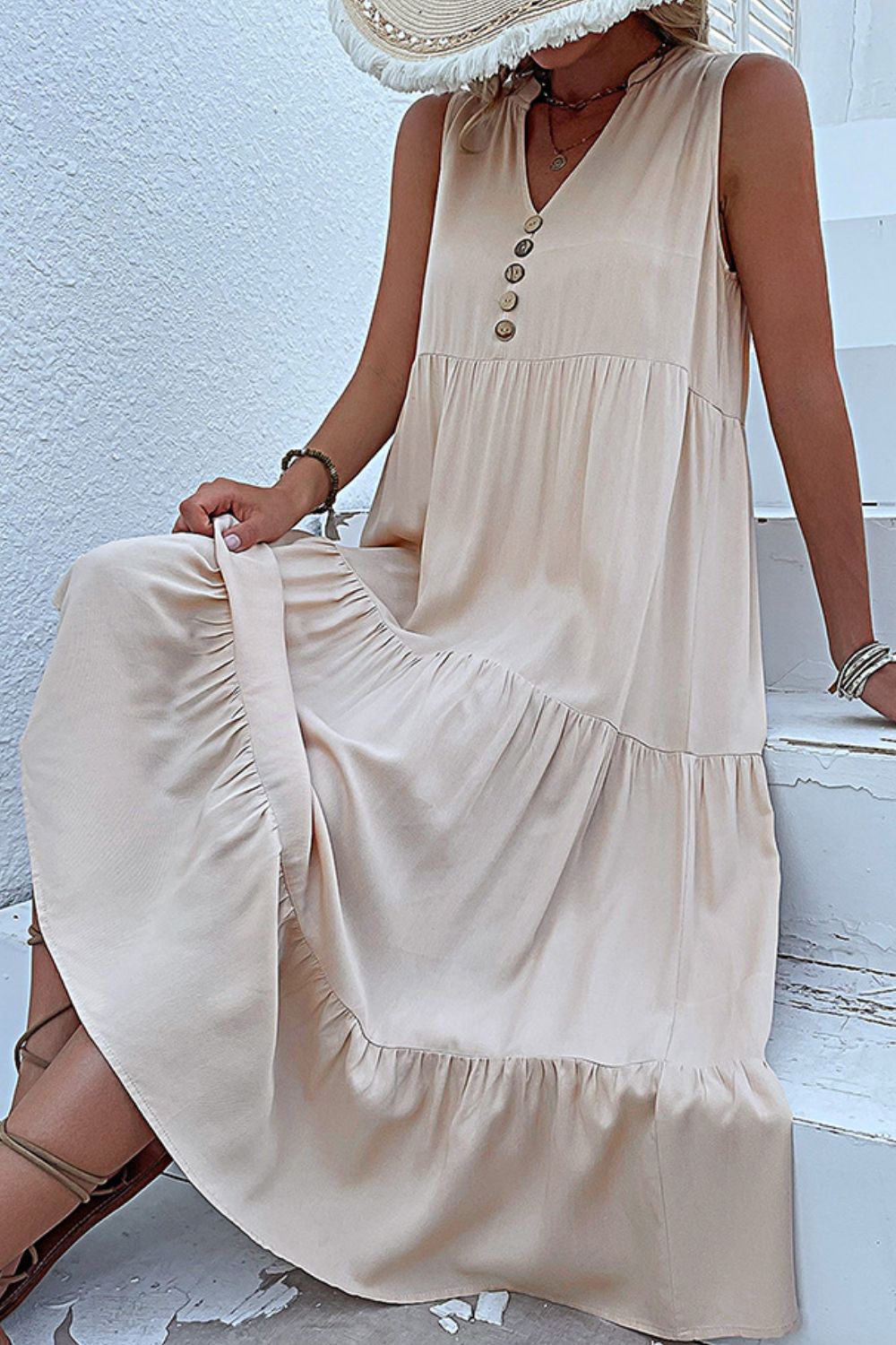 Perfee Decorative Button Sleeveless Tiered Dress