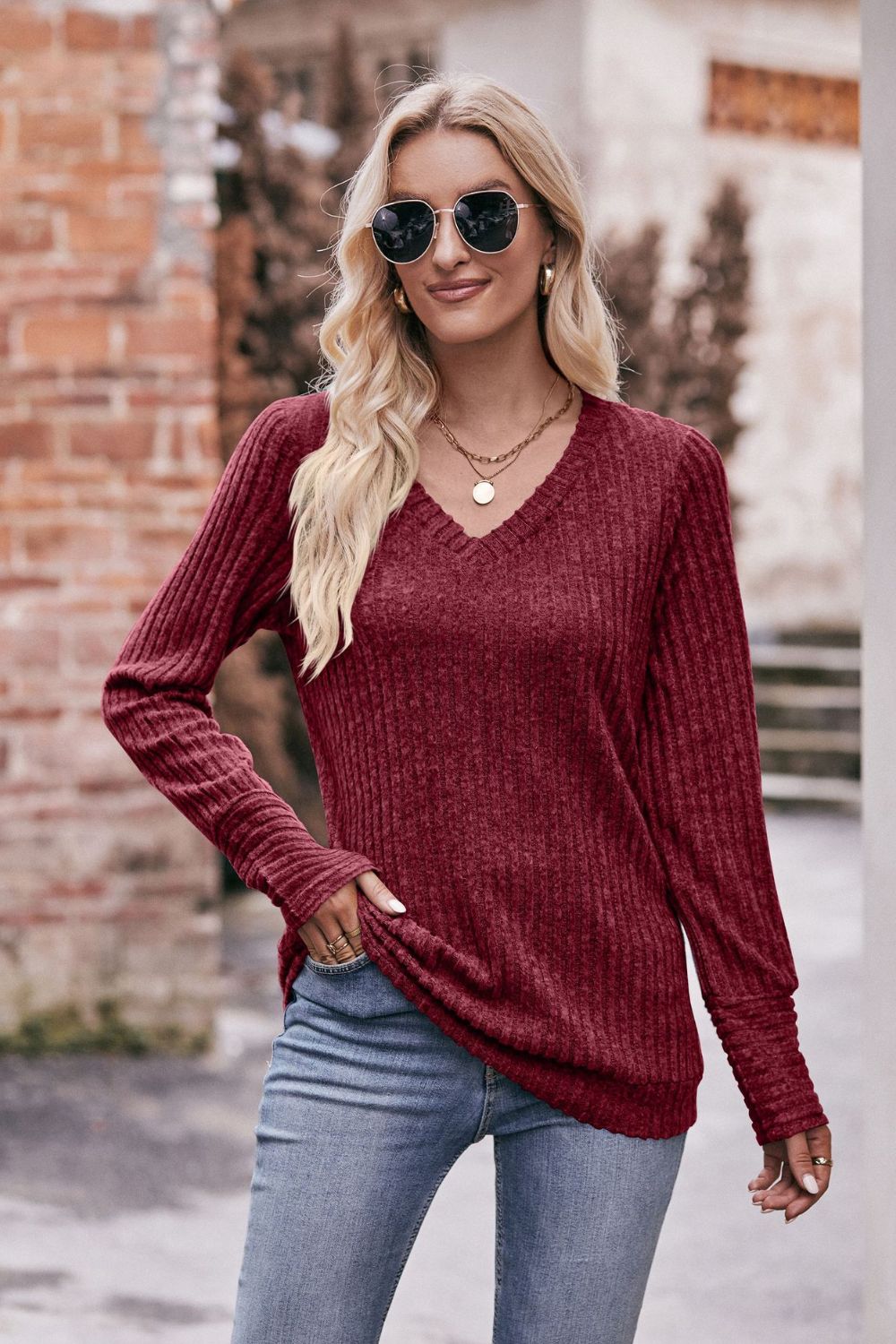 Mandy V-Neck Long Sleeve Ribbed Top