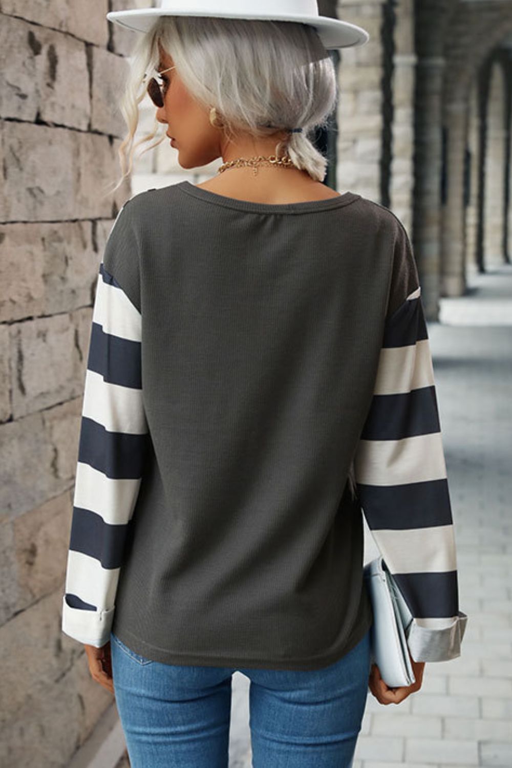 Perfee Leopard Striped Round Neck Long Sleeve Tee