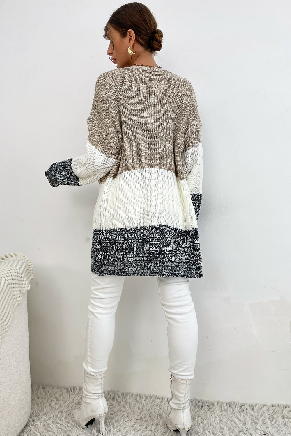 Perfee Tricolor Color Block Open Front Cardigan