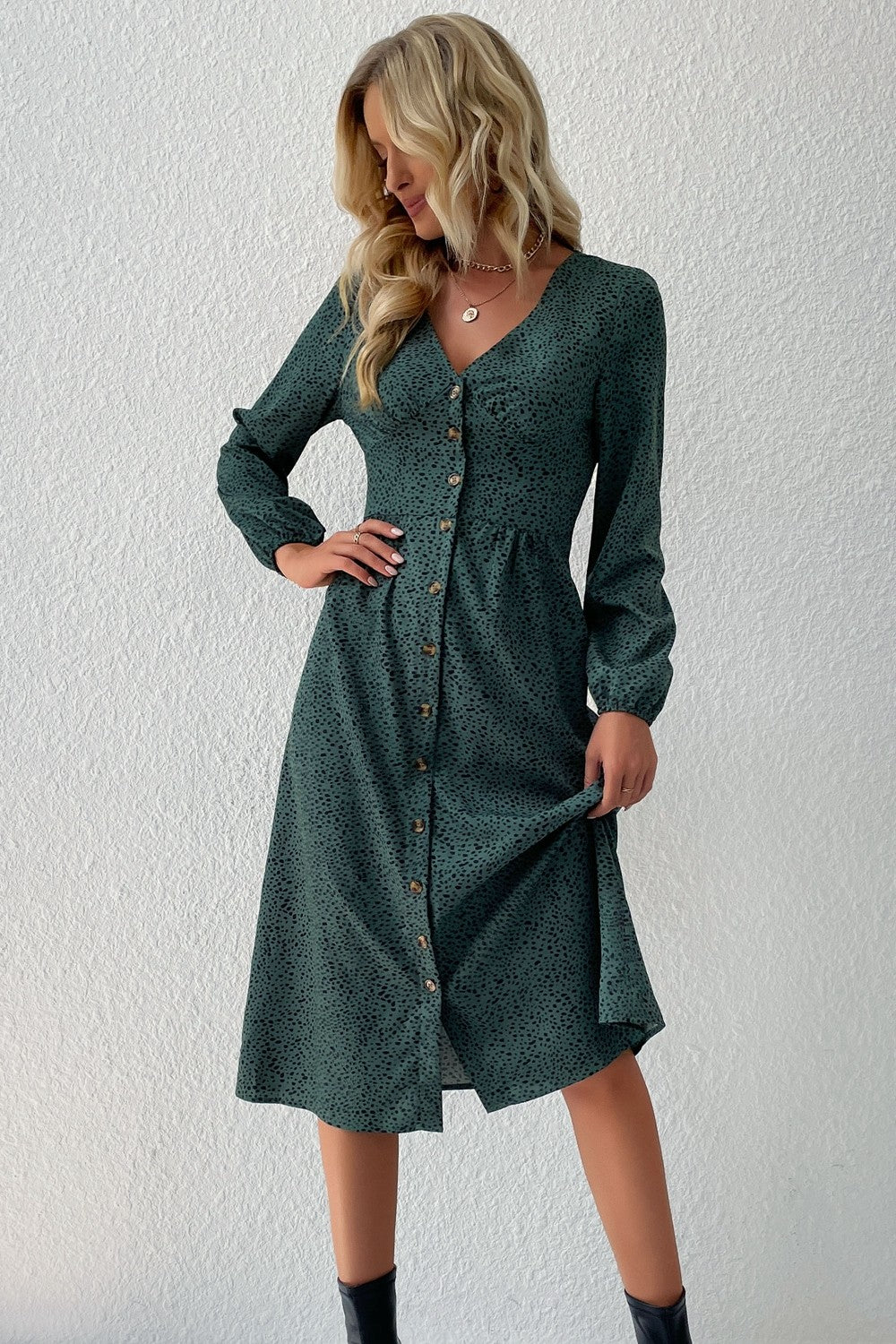 Perfee Printed Button Down V-Neck Midi Dress