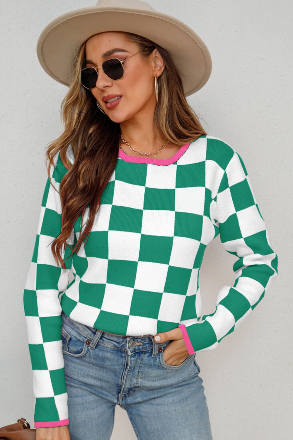 Angel Wings Checkered Round Neck Sweater