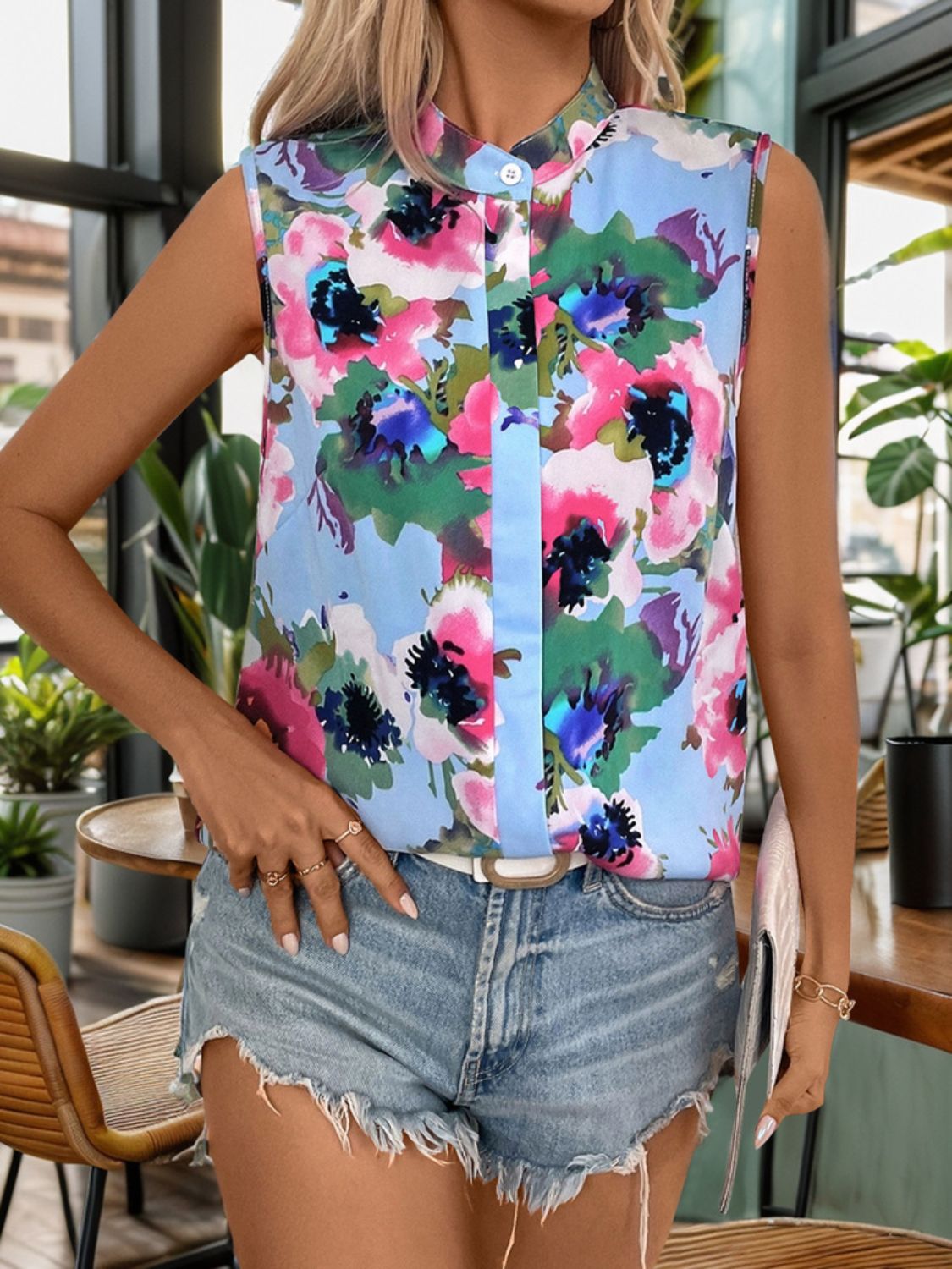 Perfee Printed Round Neck Sleeveless Blouse