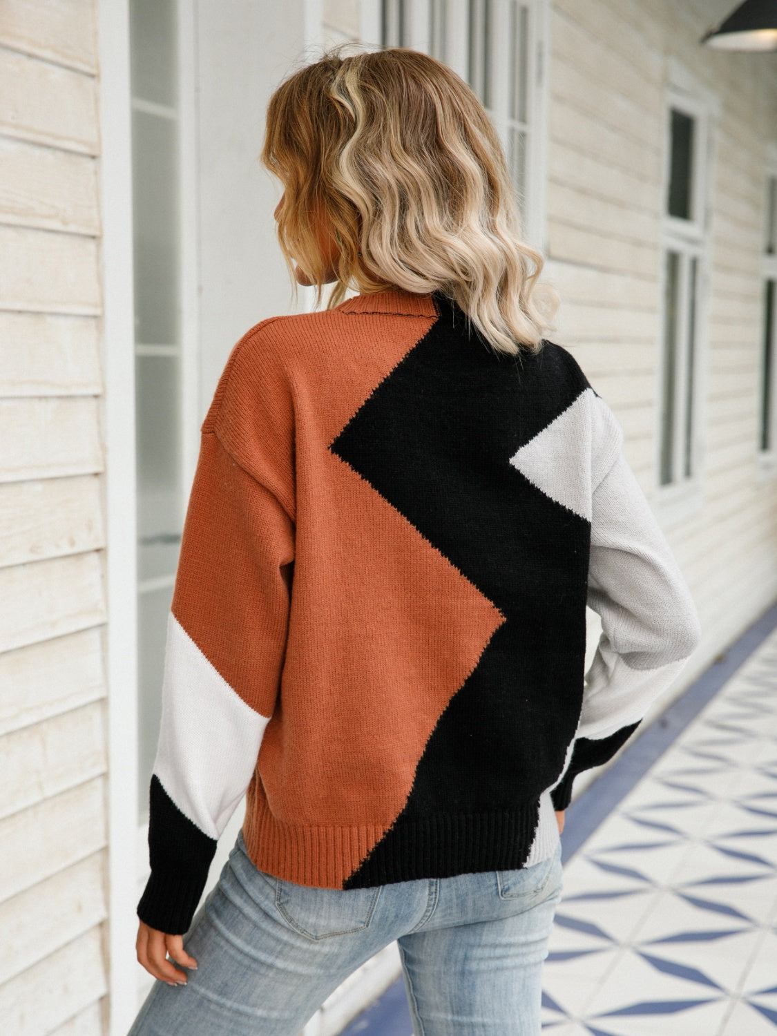 Angel Wings Color Block Round Neck Dropped Shoulder Sweater