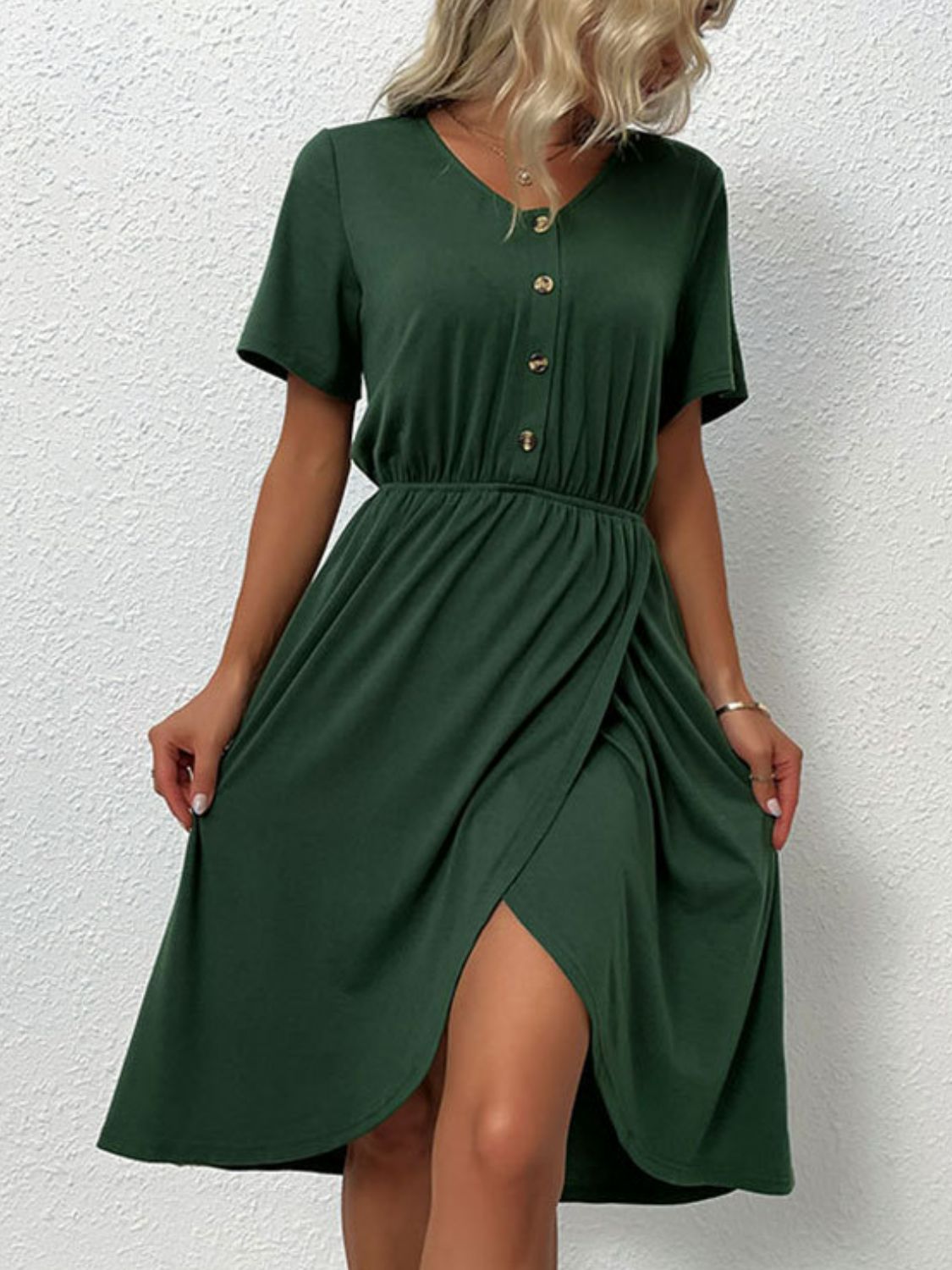 Perfee V-Neck Short Sleeve Split Dress