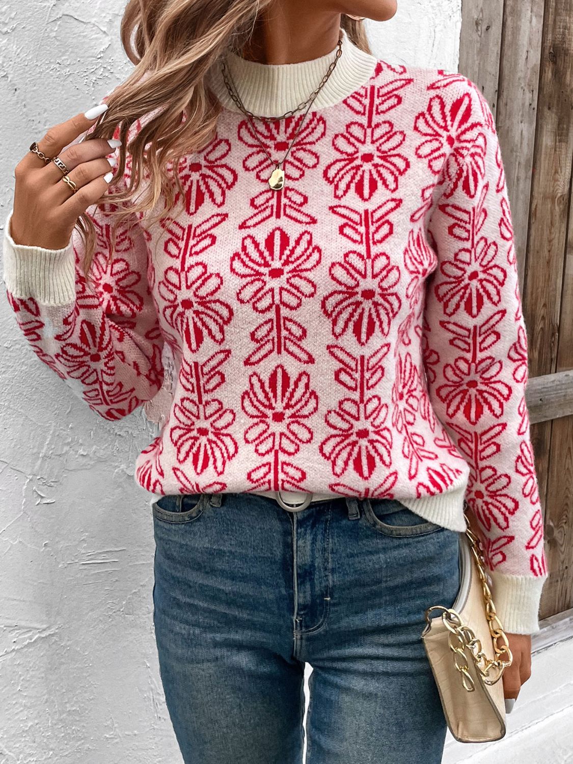 Perfee Flower Round Neck Long Sleeve Sweater