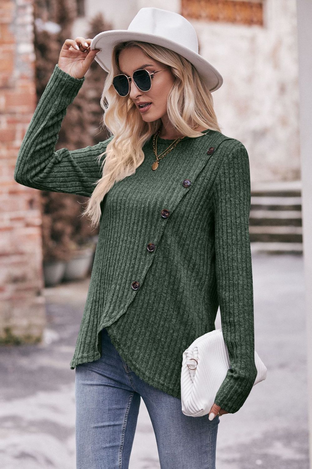 Mandy Ribbed Round Neck Buttoned Long Sleeve Tee