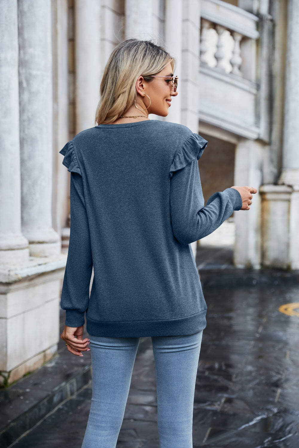 Mandy Ruffled Heathered V-Neck Long Sleeve T-Shirt