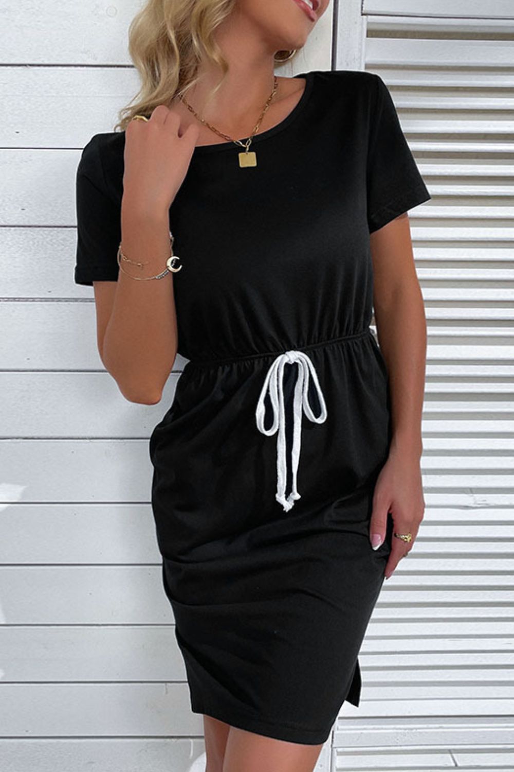 Perfee Side Slit Drawstring Round Neck Dress