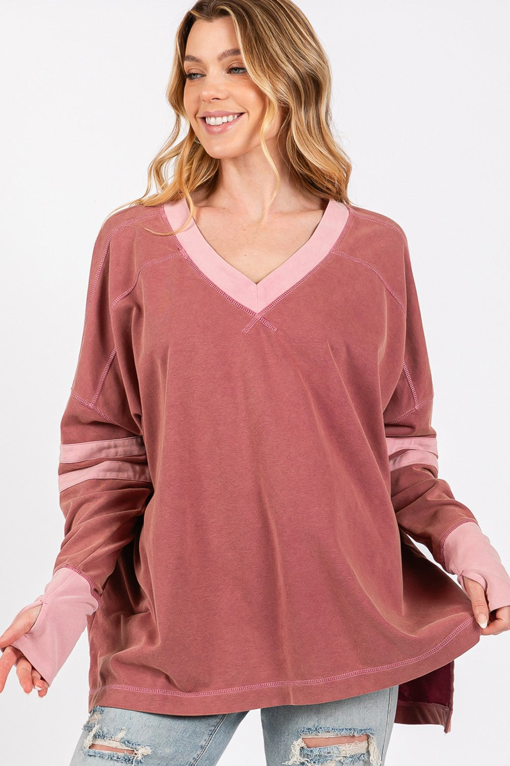 SAGE + FIG Mineral Wash Side Slit Contrast T-Shirt