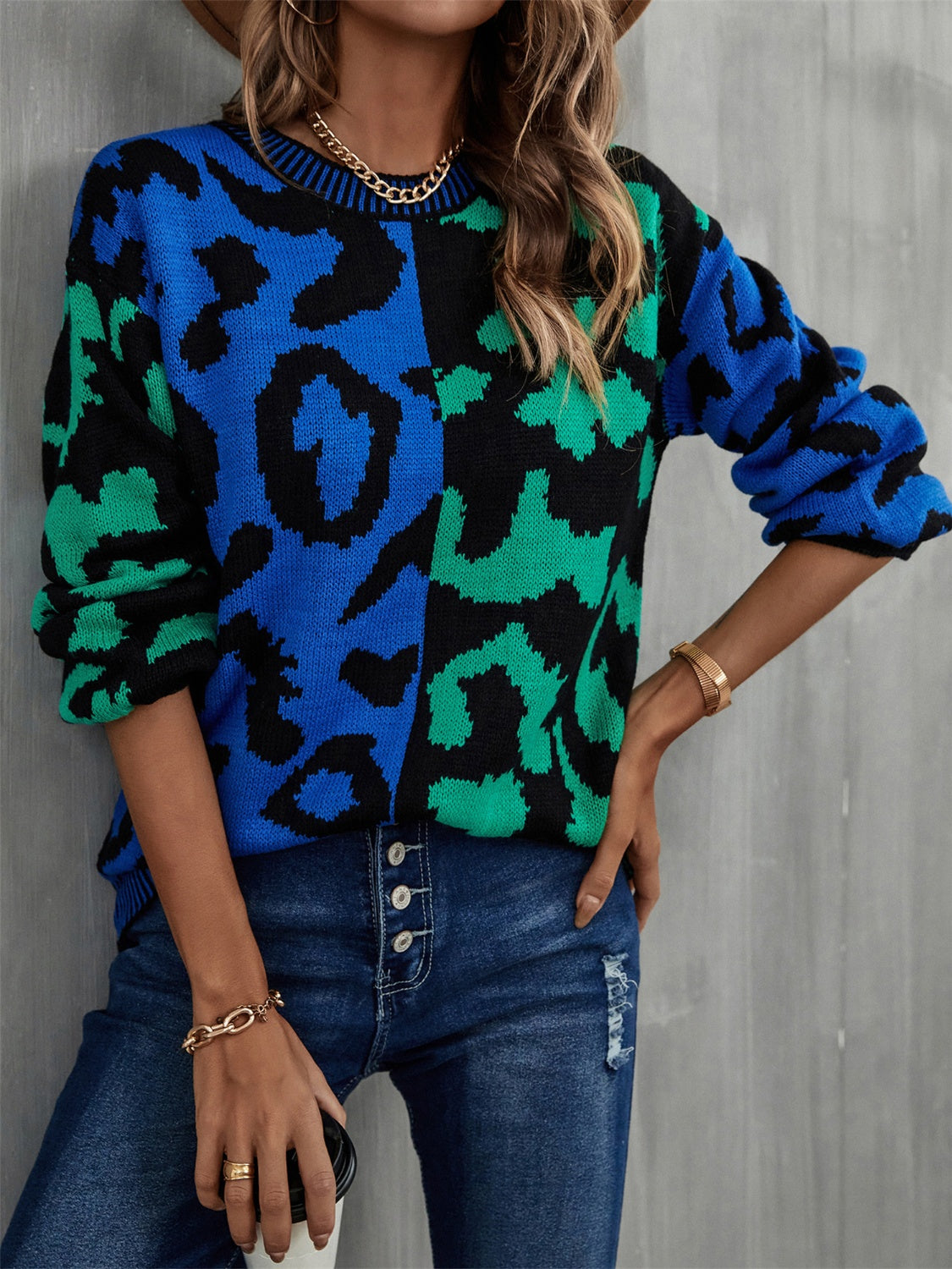 Angel Wings Leopard Round Neck Long Sleeve Sweater