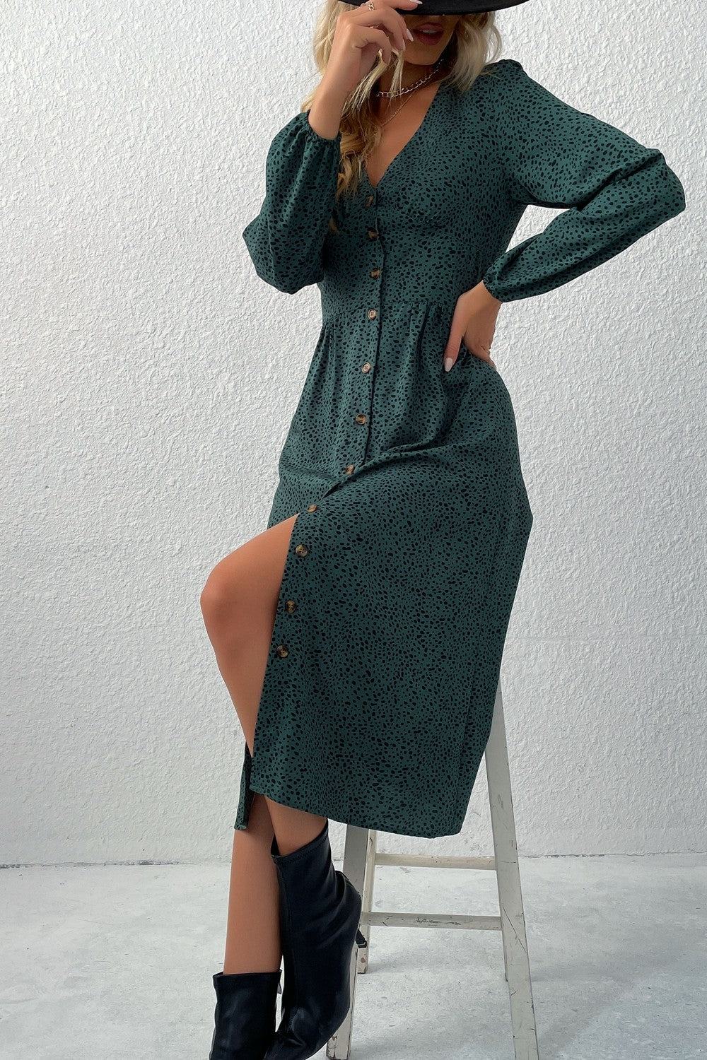 Perfee Printed Button Down V-Neck Midi Dress