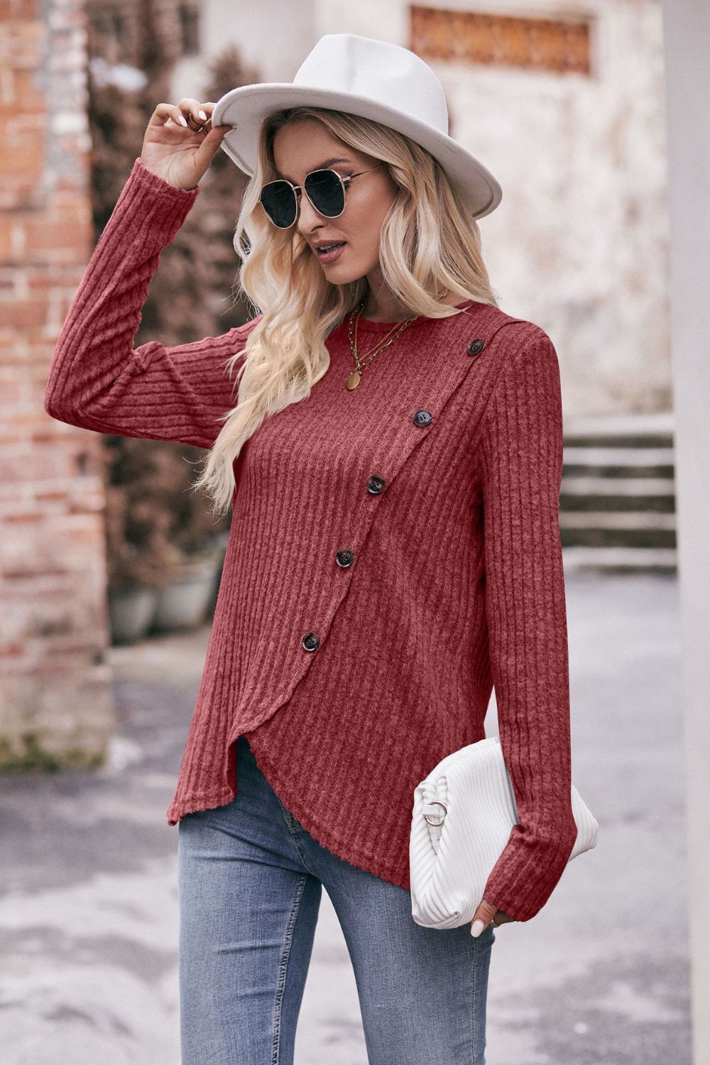 Mandy Ribbed Round Neck Buttoned Long Sleeve Tee