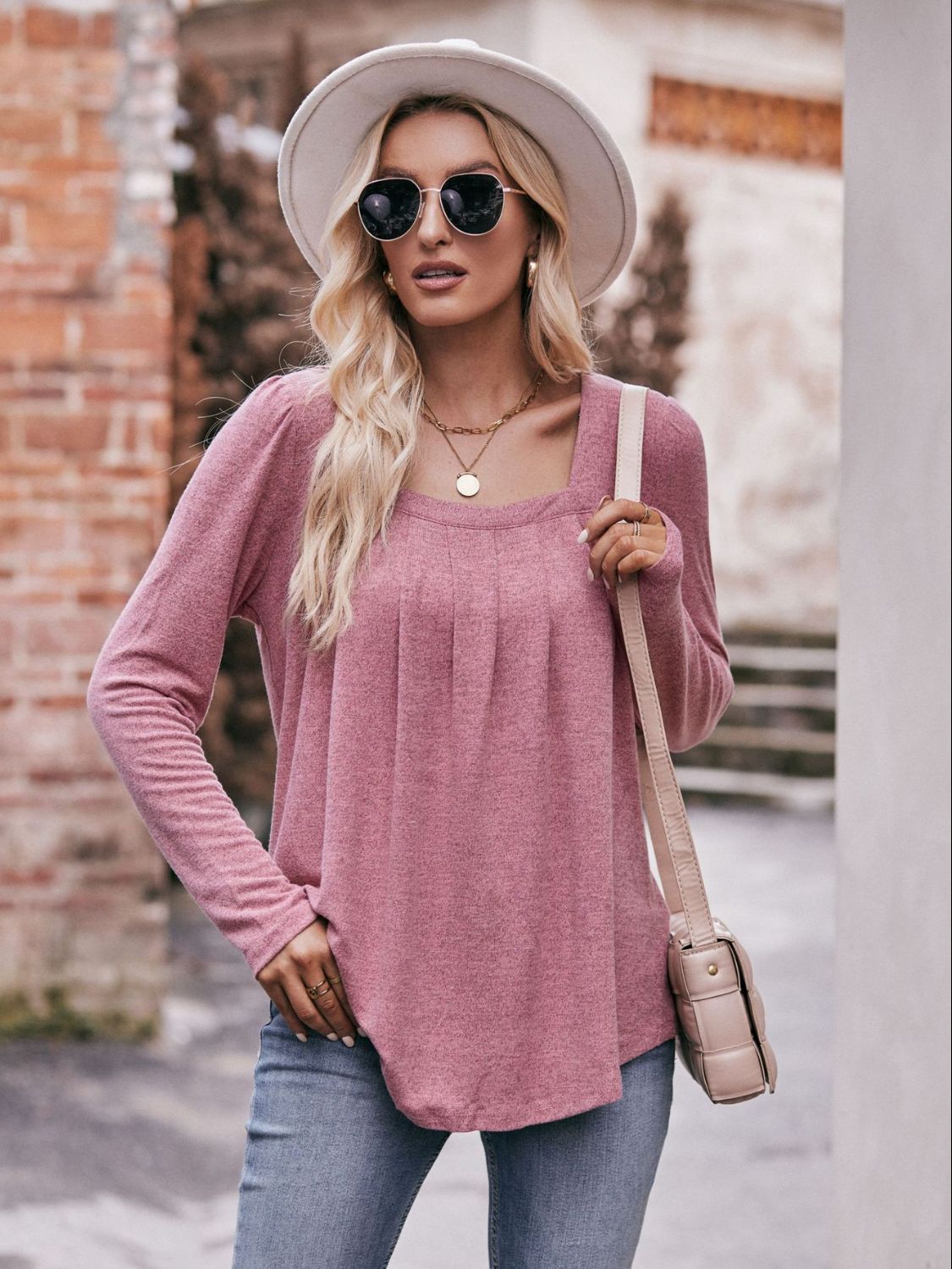 Mandy Pleated Detail Curved Hem Long Sleeve Top