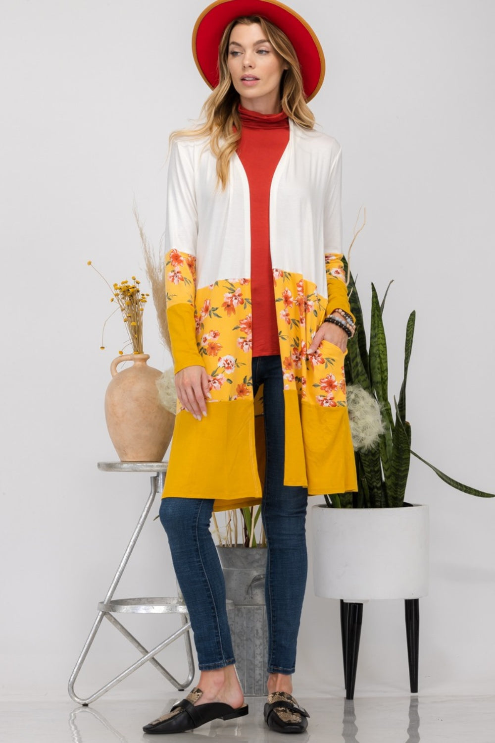 Celeste Full Size Floral Color Block Open Front Cardigan