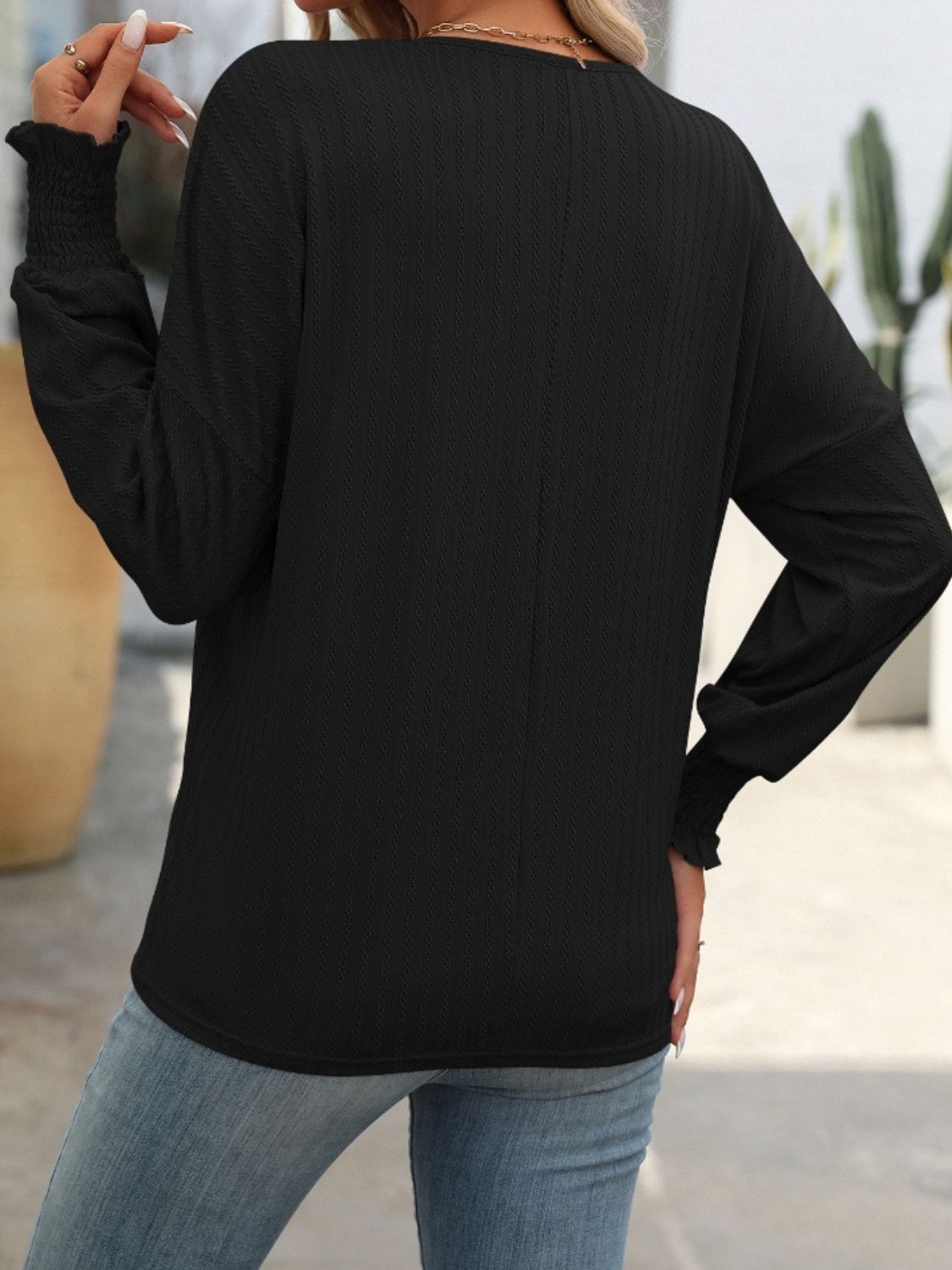 Mandy Textured Notched Lantern Sleeve T-Shirt