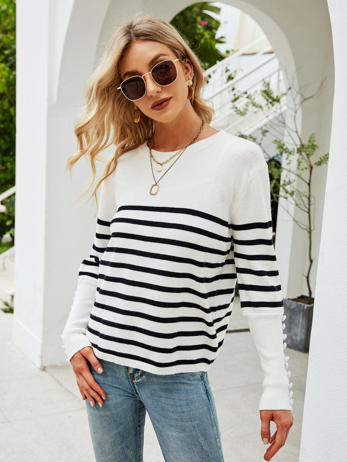 Angel Wings Striped Decorative Button Knit Top