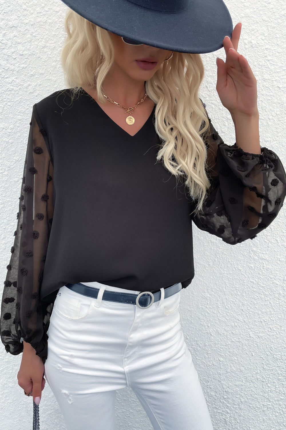 Perfee Swiss Dot Sleeve V-Neck Top