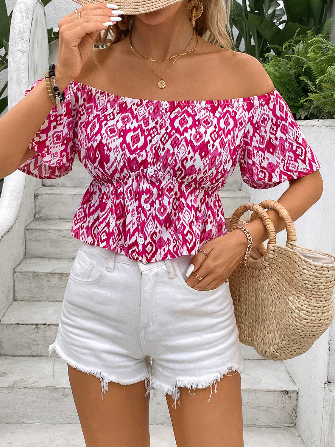 Perfee Peplum Printed Off-Shoulder Short Sleeve Blouse