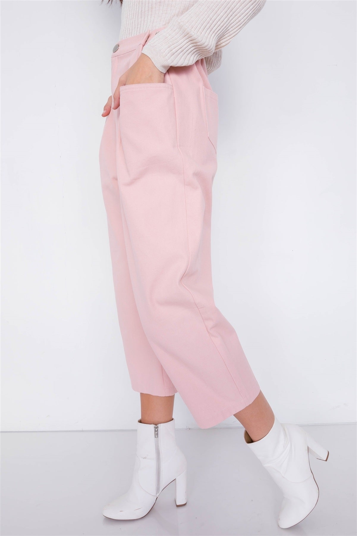 Pastel Chic Solid Ankle Wide Leg Adjustable Snap Waist Pants