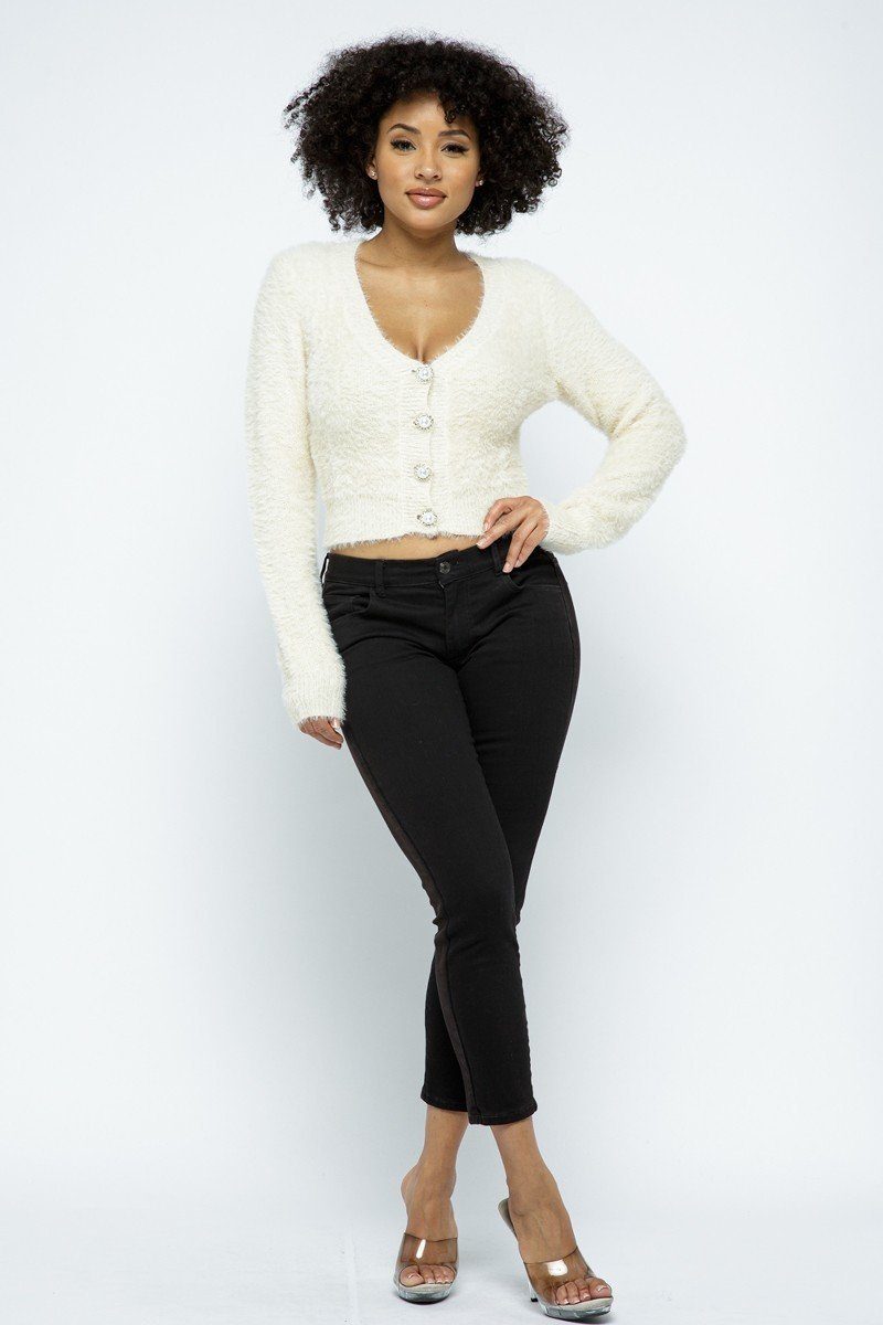 Eyelash Knit Cropped Cardigan With Pearl Button Details