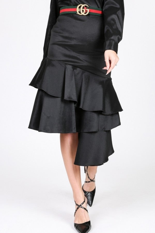 Asymmetrical Ruffle Bottom Satin Skirt