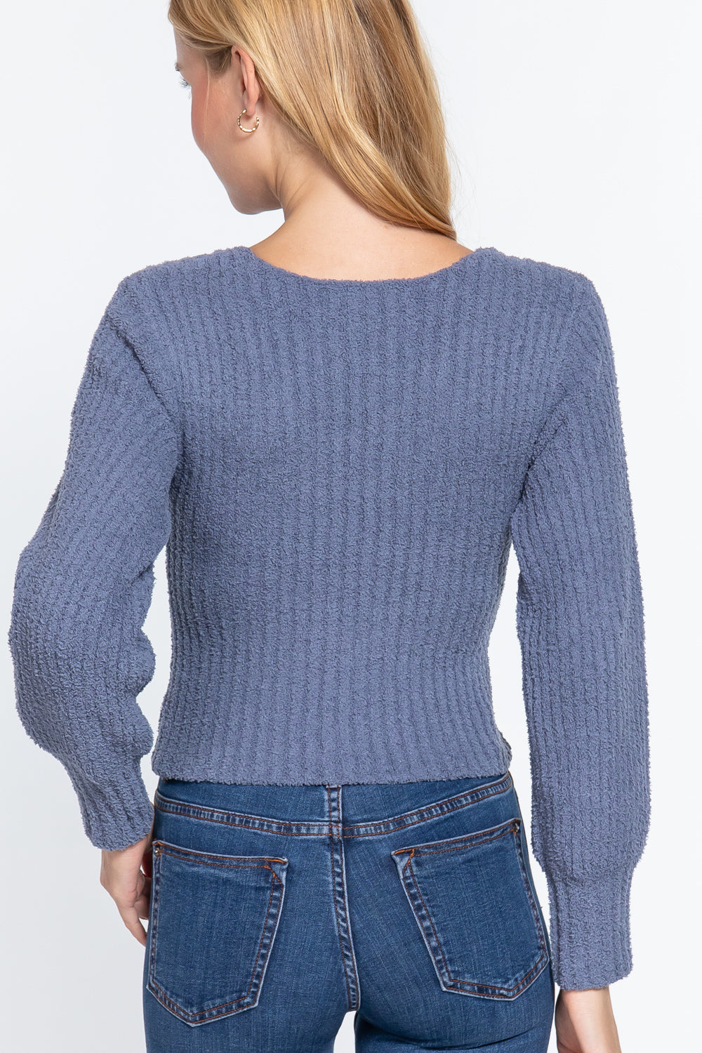 Long Puff Slv V-neck Rib Sweater