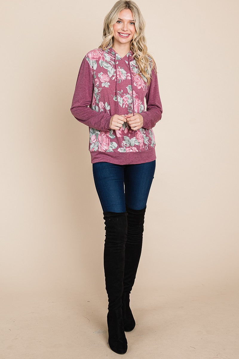 Floral Printed Contrast Hoodie With Relaxed Fit And Cuff Detail