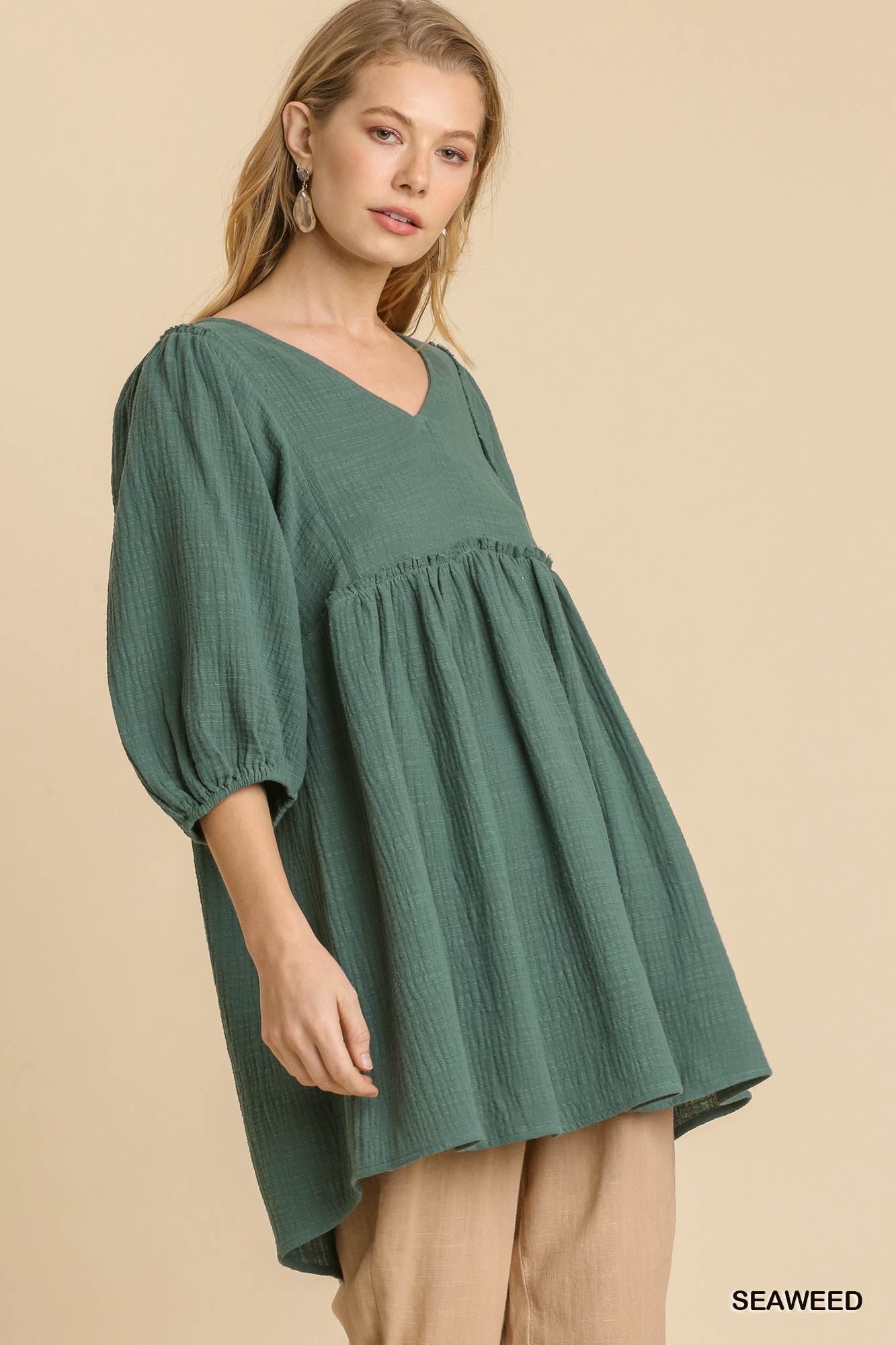 Gauze Slub V-neck Frayed Edge Detail Tunic Dress