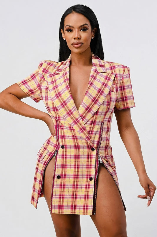 Wide Collared Double Breasted Plaid Blazer Mini Dress