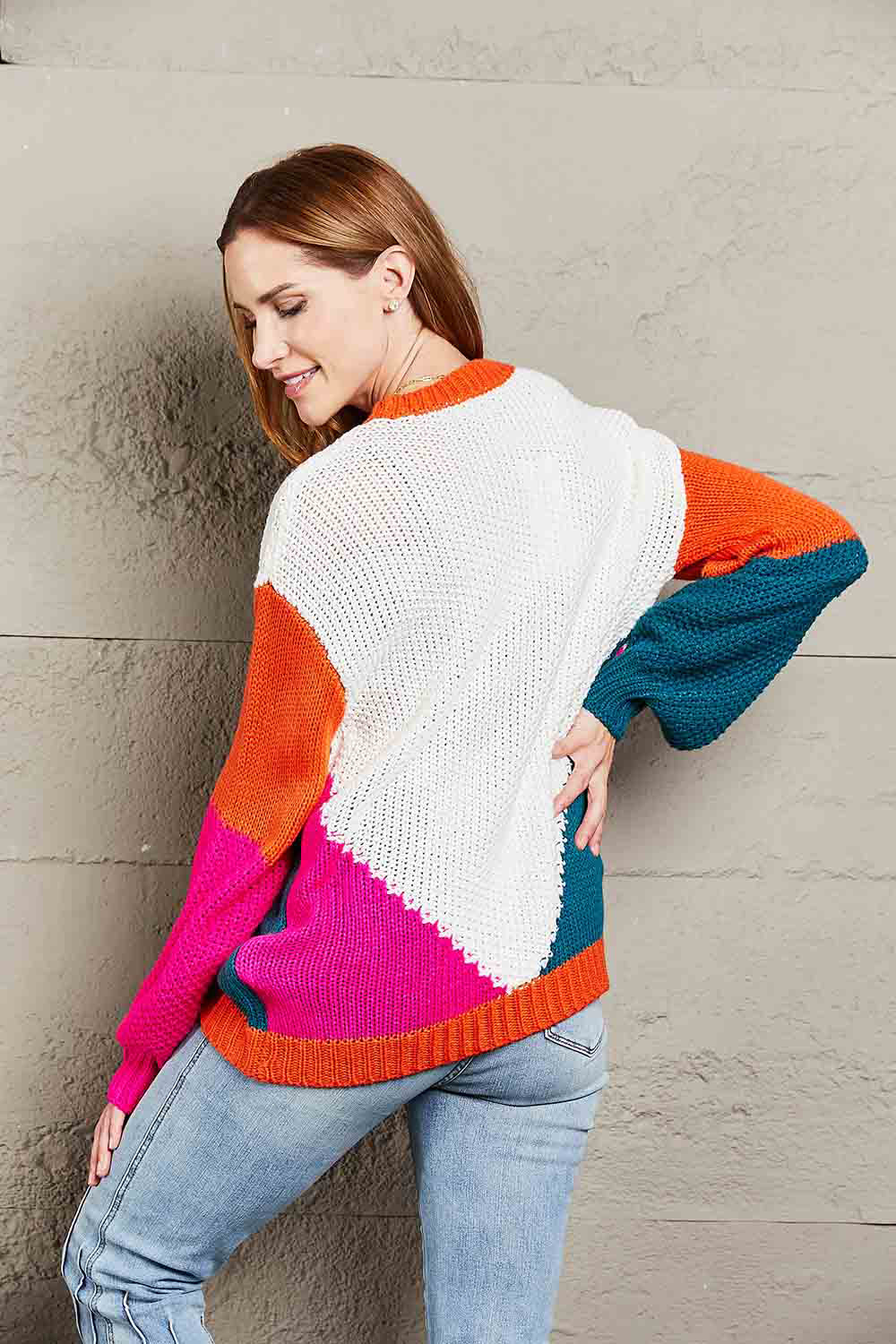 Angel Wings Color Block Round Neck Drop Shoulder Sweater