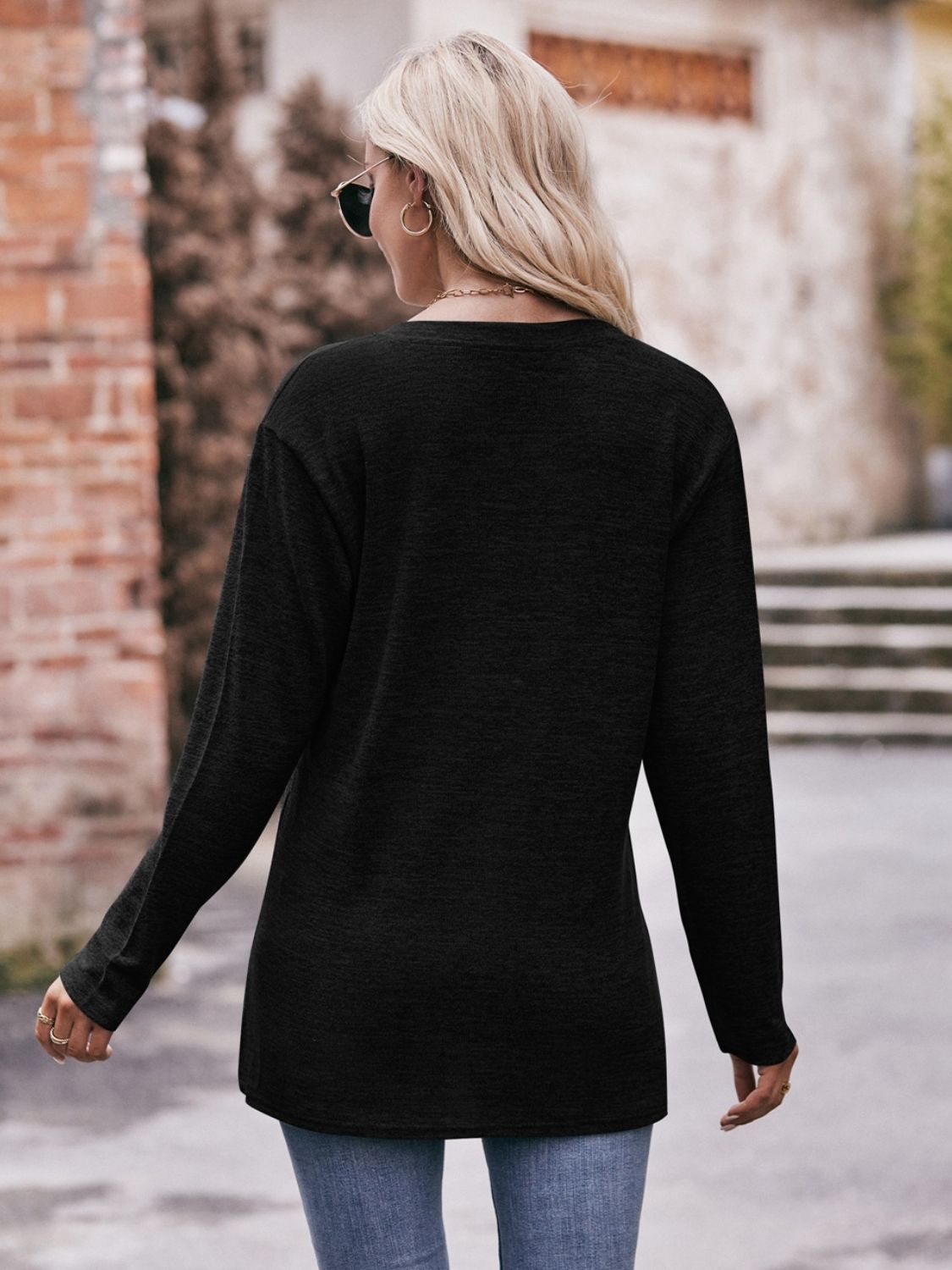 Mandy Buttoned Notched Neck Long Sleeve Top