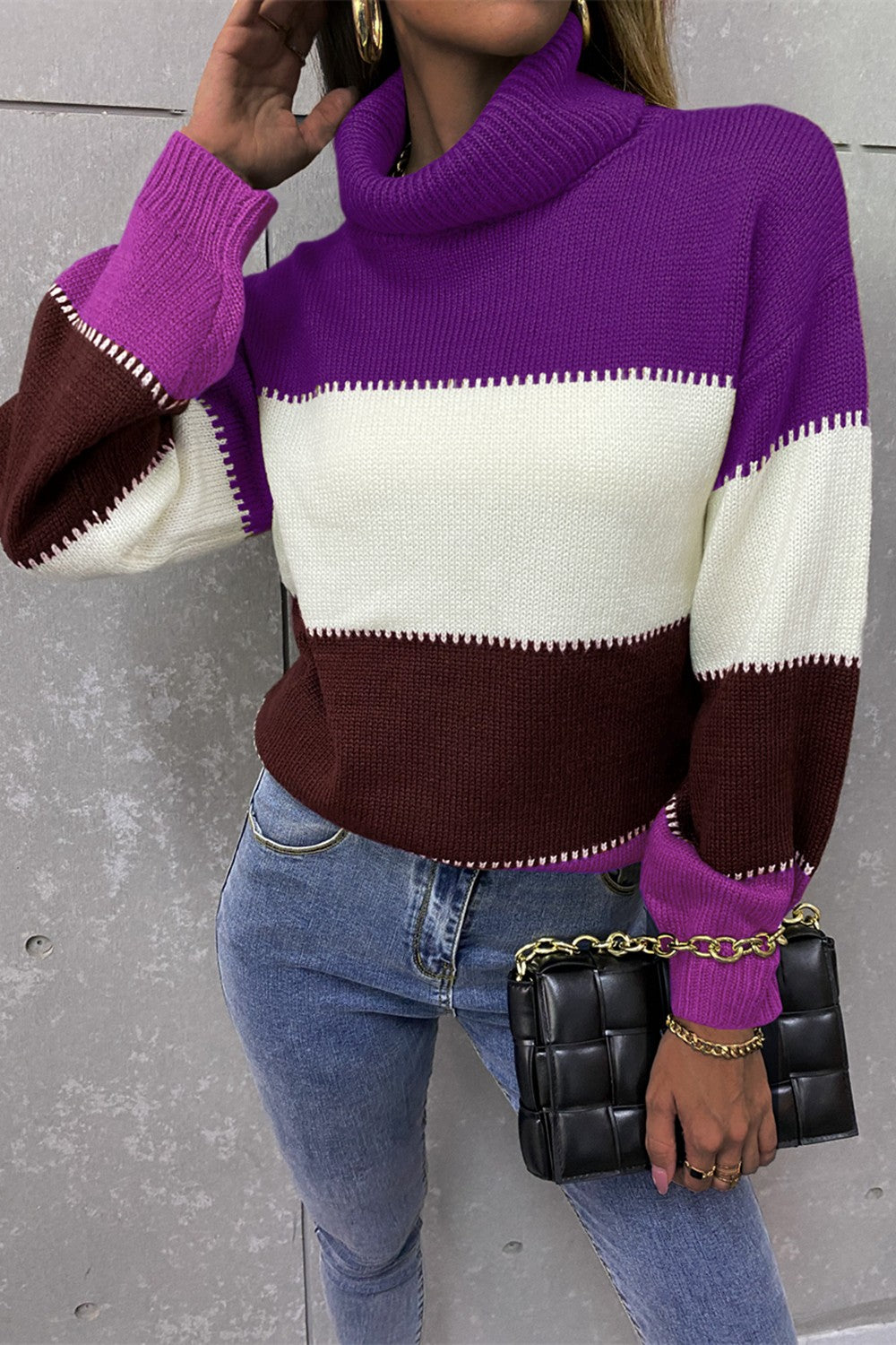 Angel Wings Color Block Lantern Sleeve Turtleneck Sweater