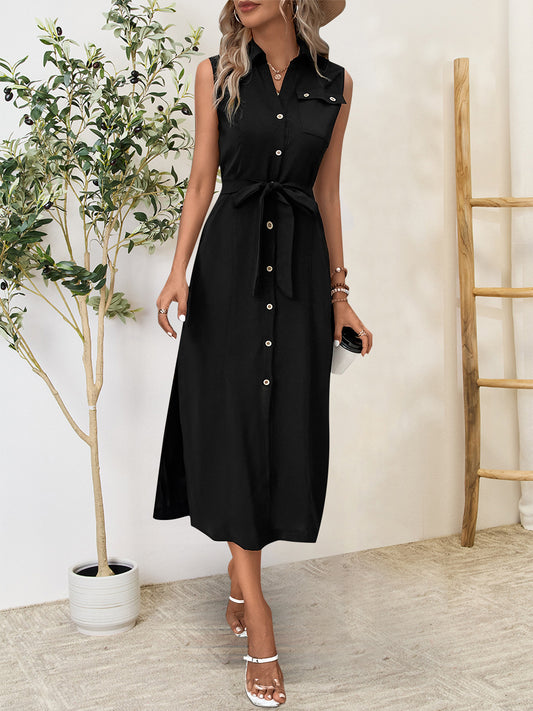 Perfee Button Up Sleeveless Midi Dress