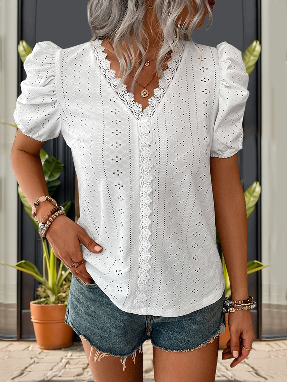 Perfee Lace Detail Eyelet V-Neck Short Sleeve Blouse