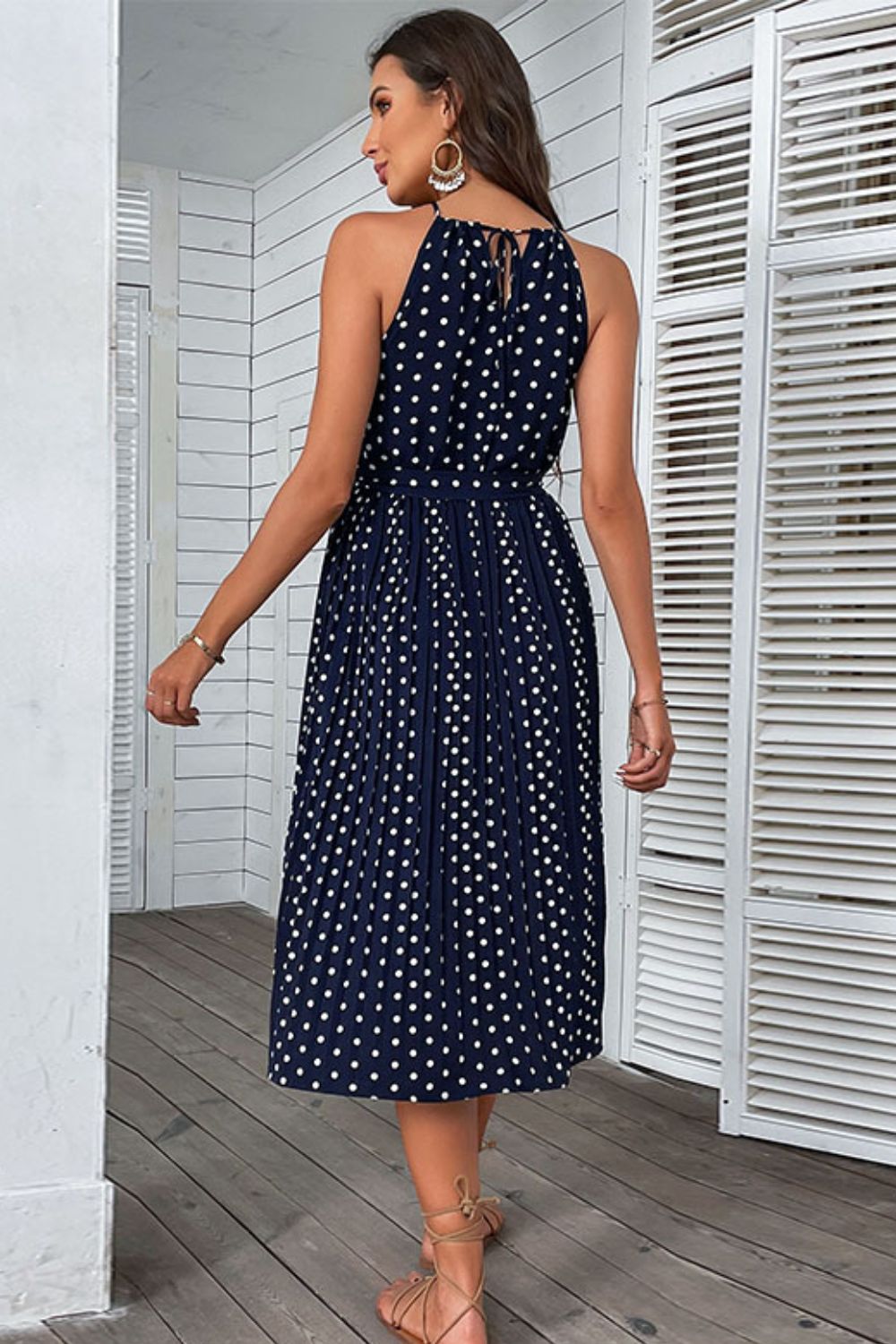 Perfee Polka Dot Tie-Waist Sleeveless Midi Dress