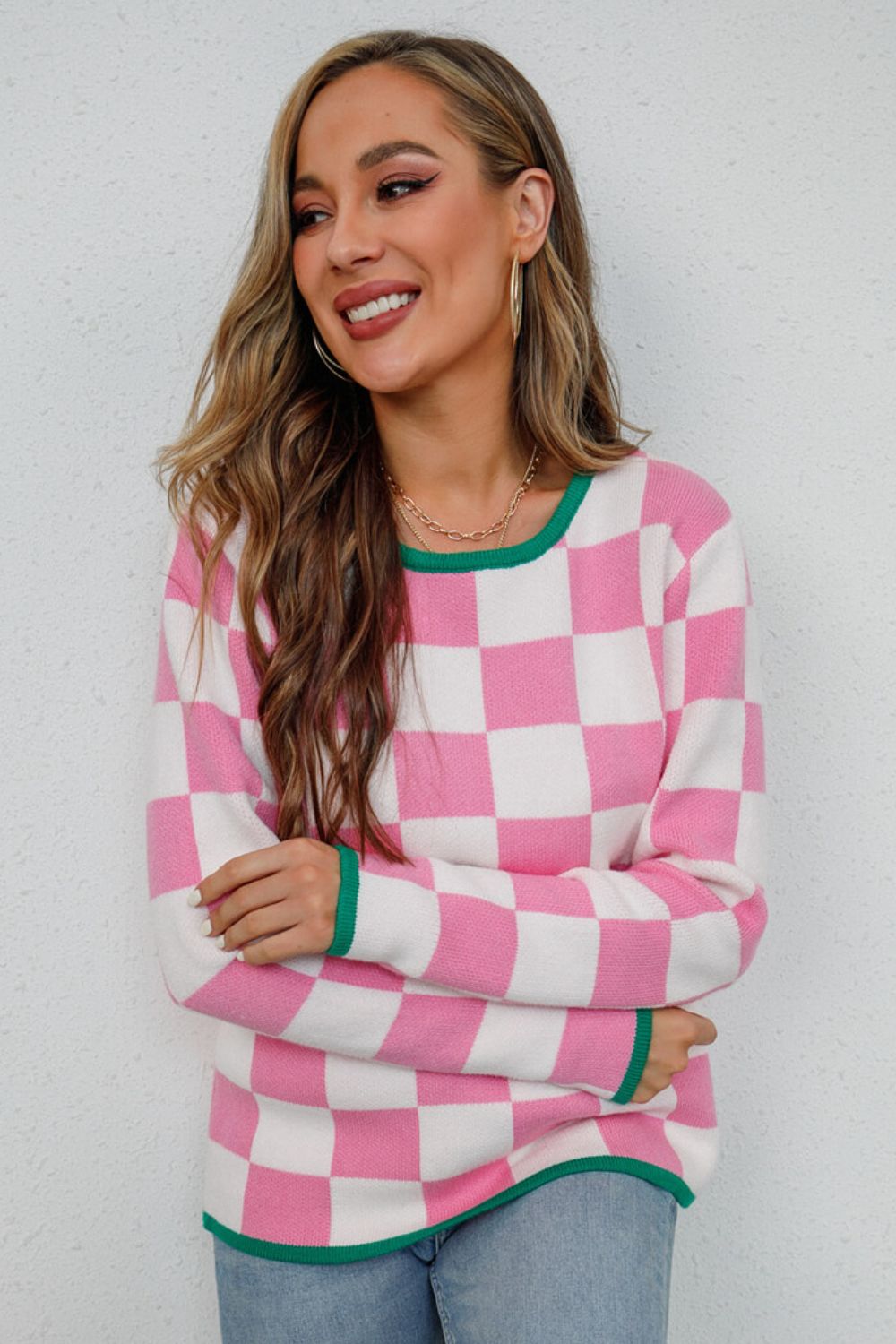 Angel Wings Checkered Round Neck Sweater