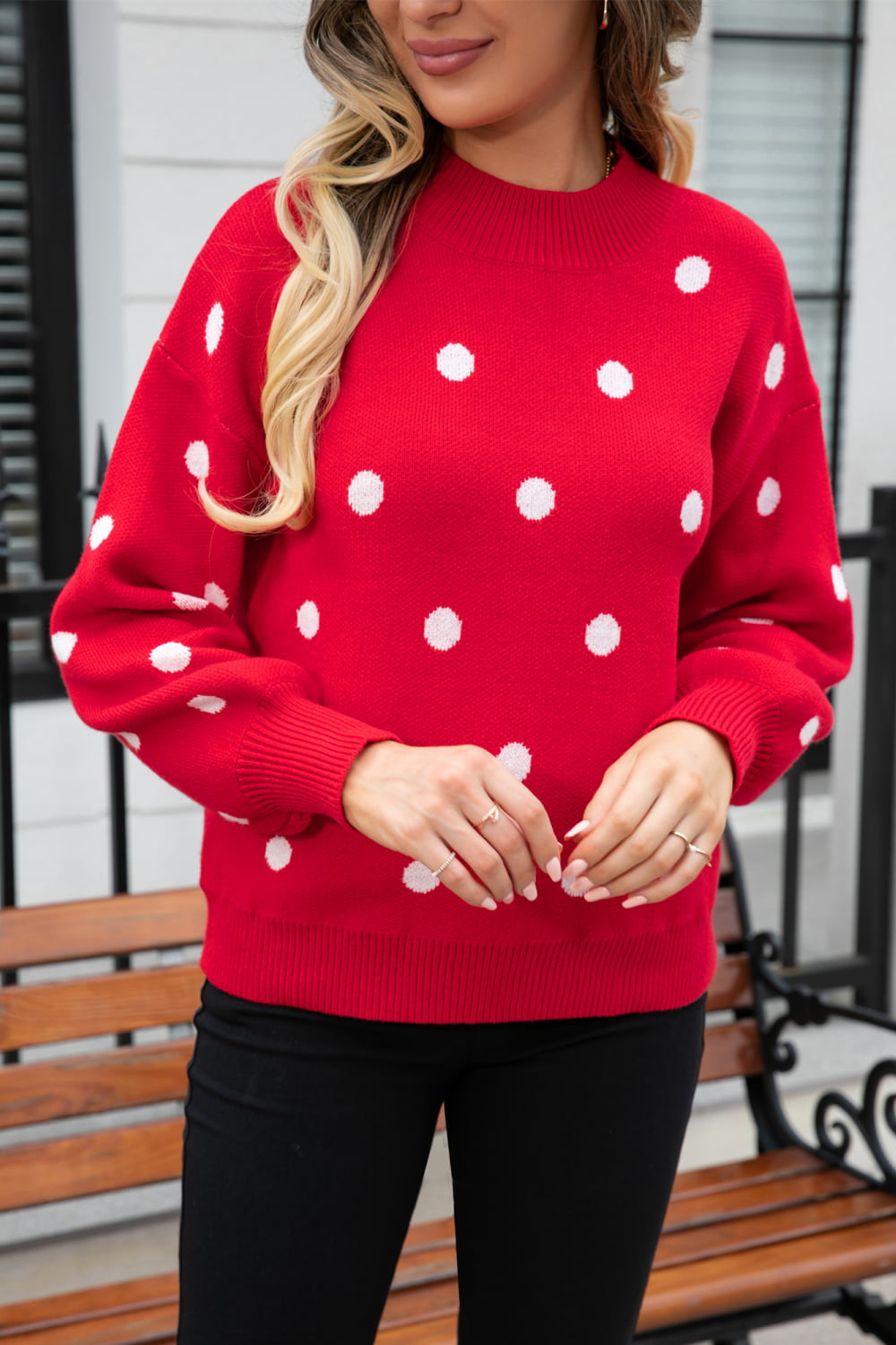 Angel Wings Woven Right Polka Dot Round Neck Dropped Shoulder Sweater