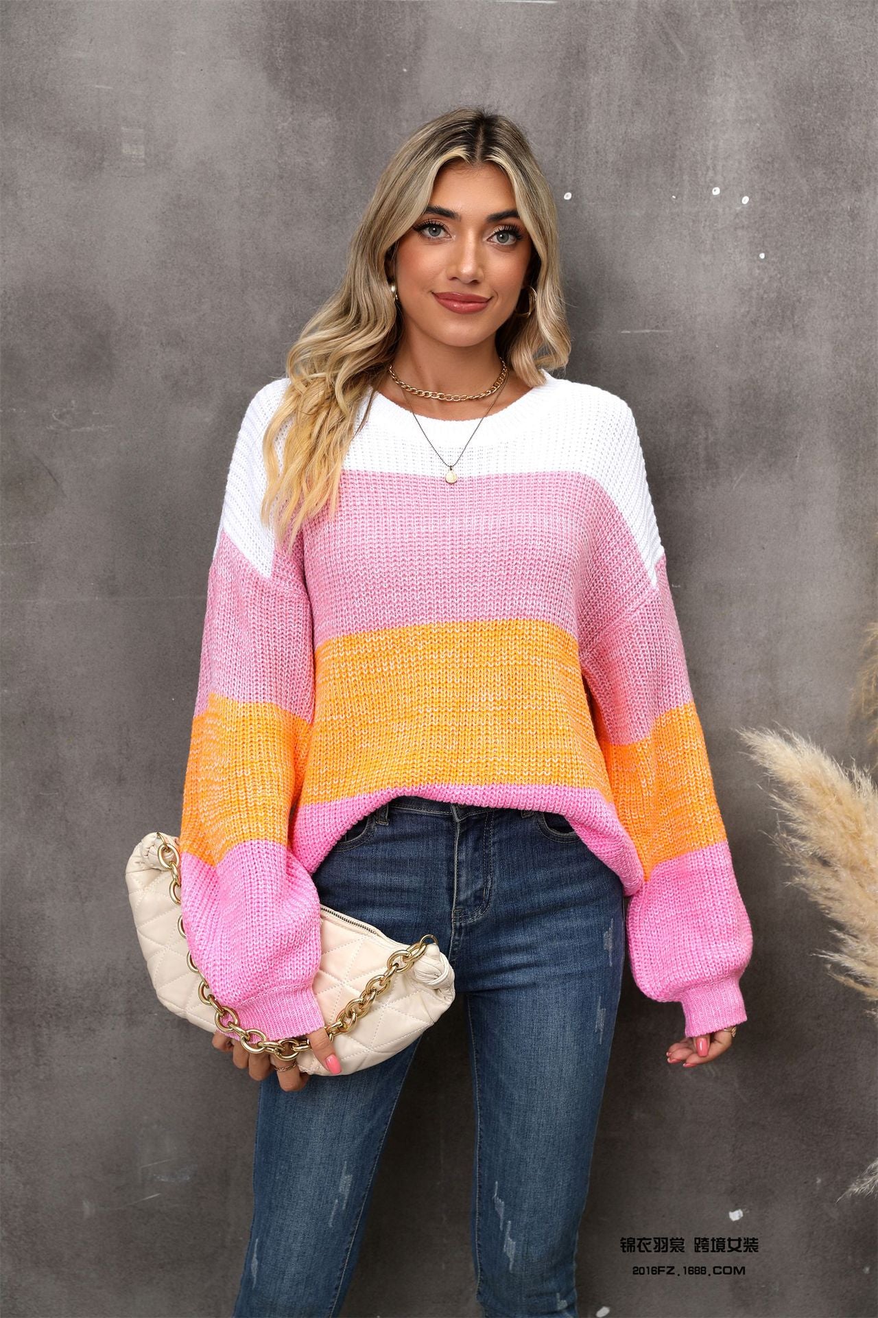 Angel Wings Color Block Round Neck Dropped Shoulder Sweater