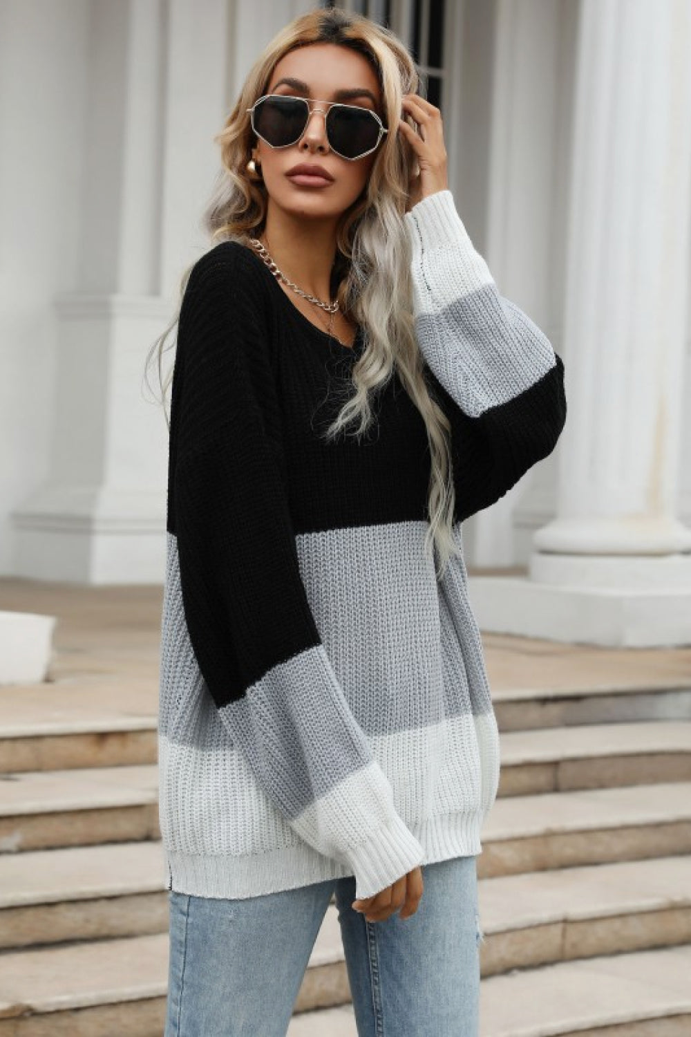 Perfee Color Block Long Sleeve Chunky Knit Sweater