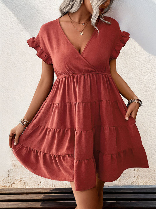 Perfee Tiered Surplice Flounce Sleeve Mini Dress