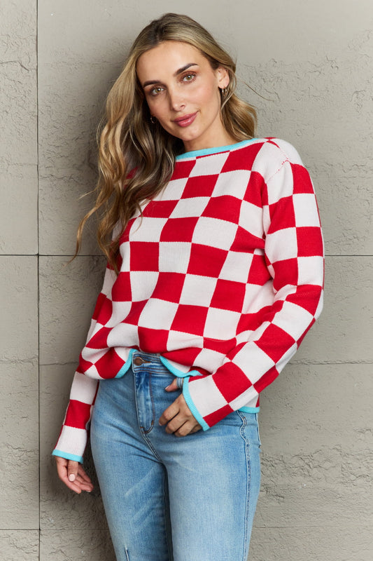 Angel Wings Checkered Round Neck Sweater