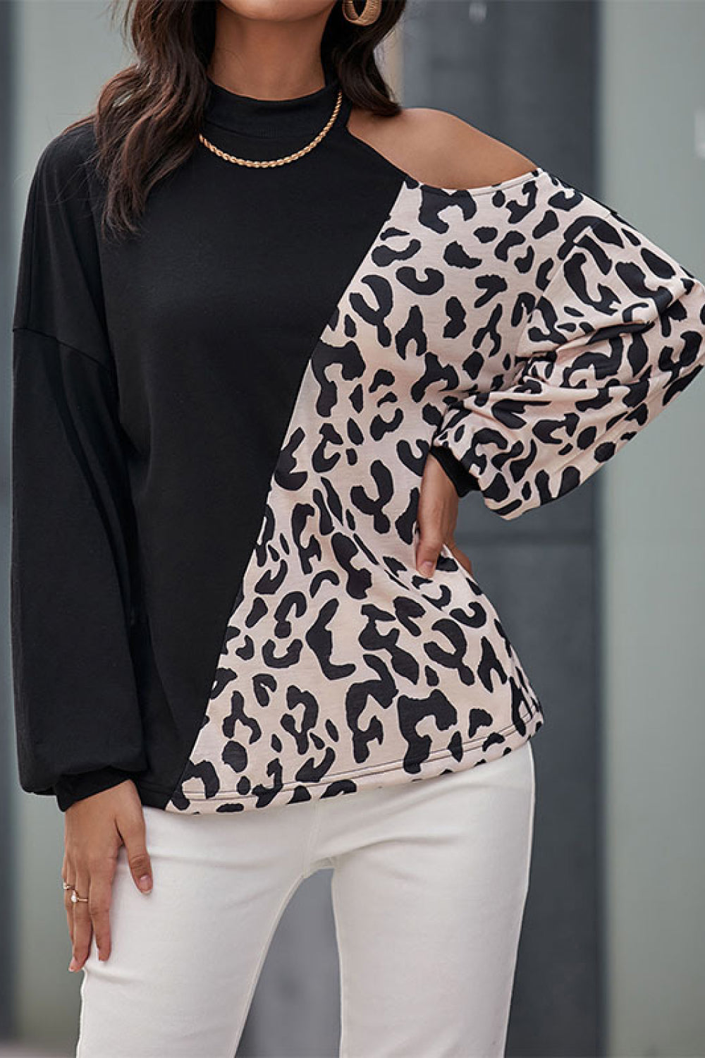 Perfee Two-Tone Leopard Cold Shoulder Top