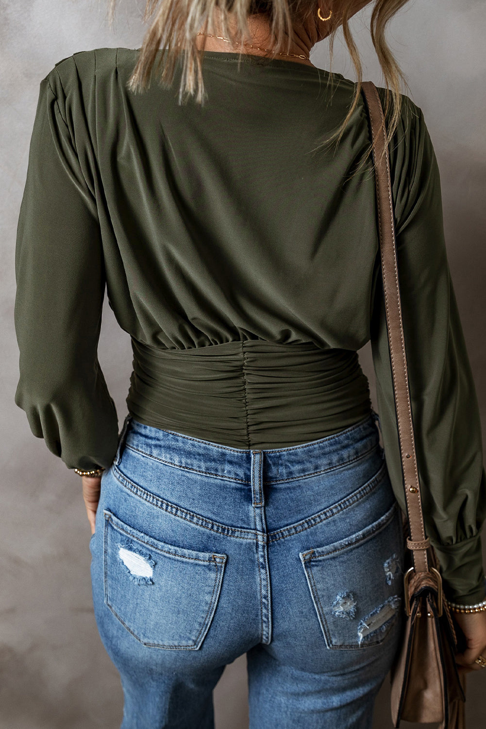 Moss Green Ruched Wrap V Neck Long Sleeve Bodysuit