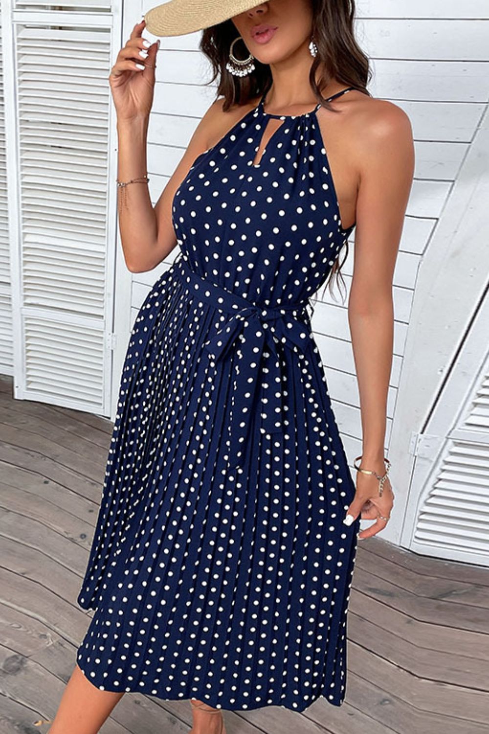 Perfee Polka Dot Tie-Waist Sleeveless Midi Dress