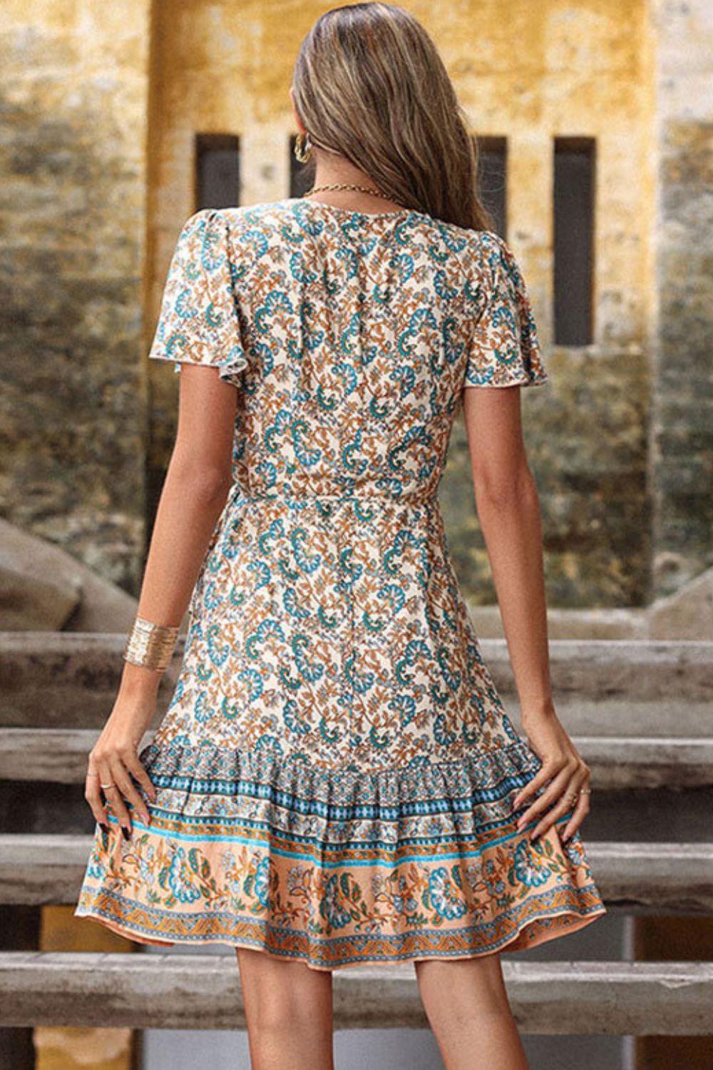 Perfee Bohemian Flutter Sleeve Surplice Dress